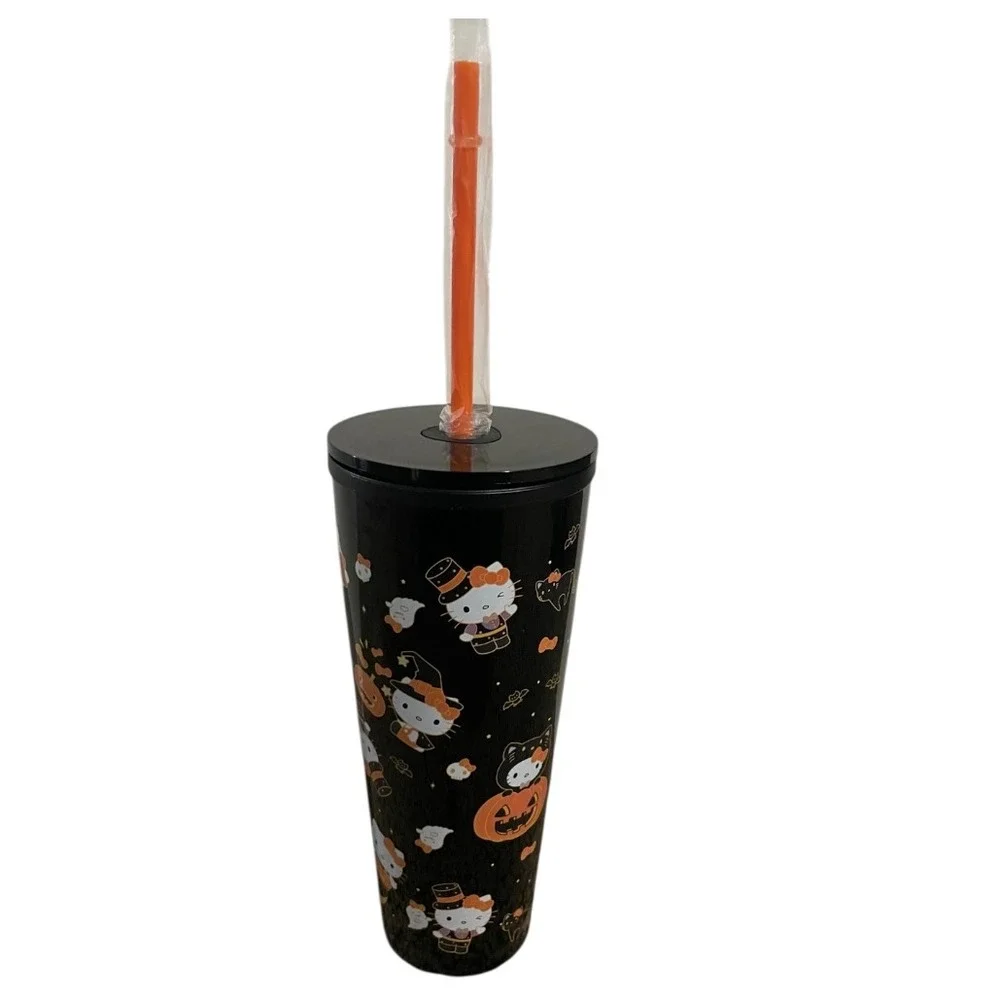 Hello Kitty Halloween Tumbler Cup With‎ Straw Black Orange Pumpkin Witch Design